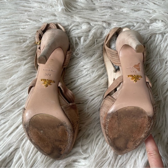 Prada Suede Beige Platform Slingback Peep Toe Swirl Stitch Heeled Sandals 37.5 - Picture 6 of 9